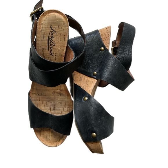 Lucky Brand Shoes - LUCKY BRAND Leather Wraparound Cork Wedge Sandals in Black-Size 7